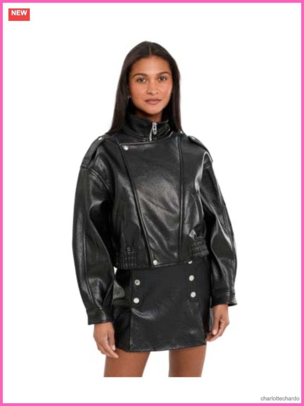 Vegan Leather Jacket Relaxed Oversized Zip Front Mock Neck